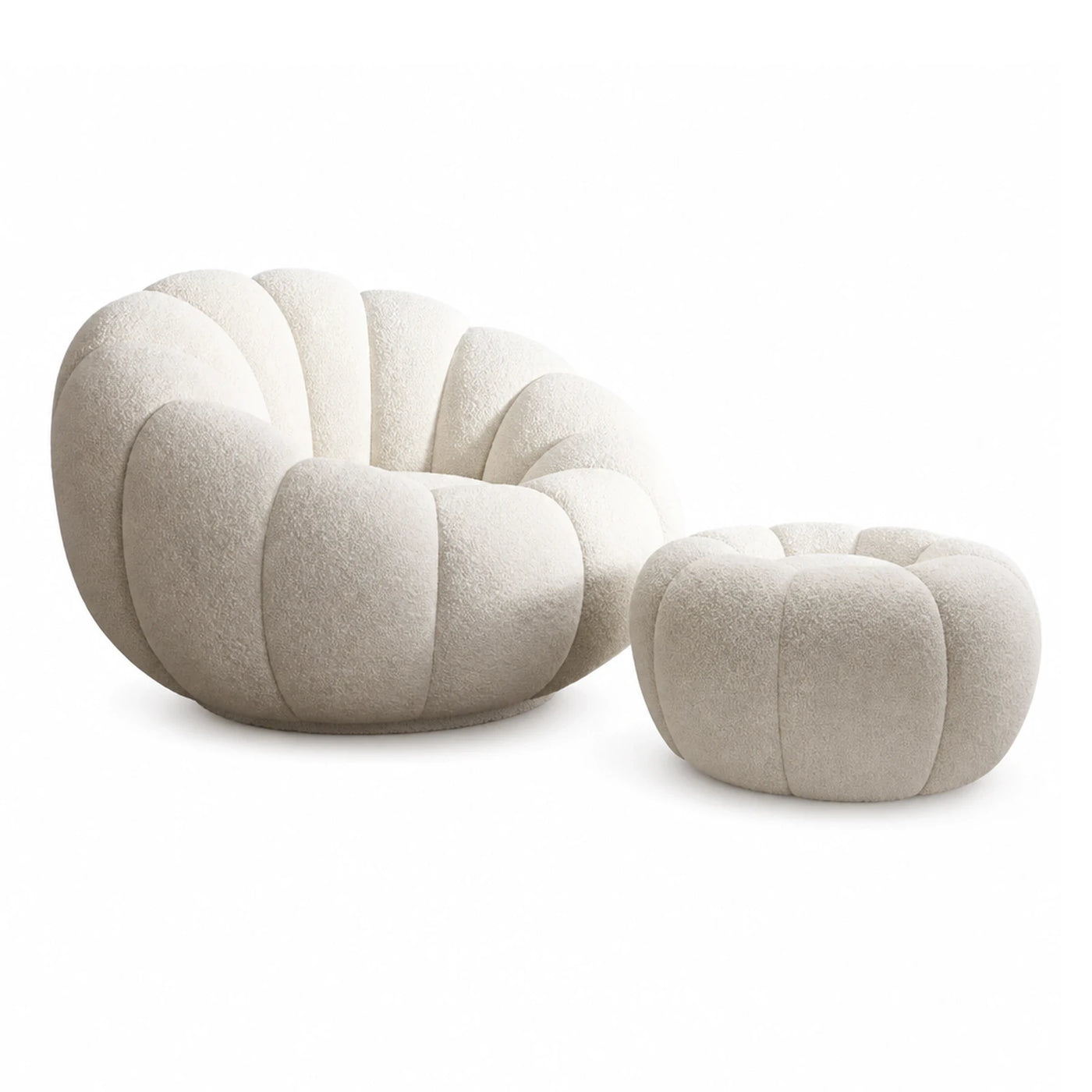 Cream Boucle Pumpkin Lounge Chair and Ottoman Set
