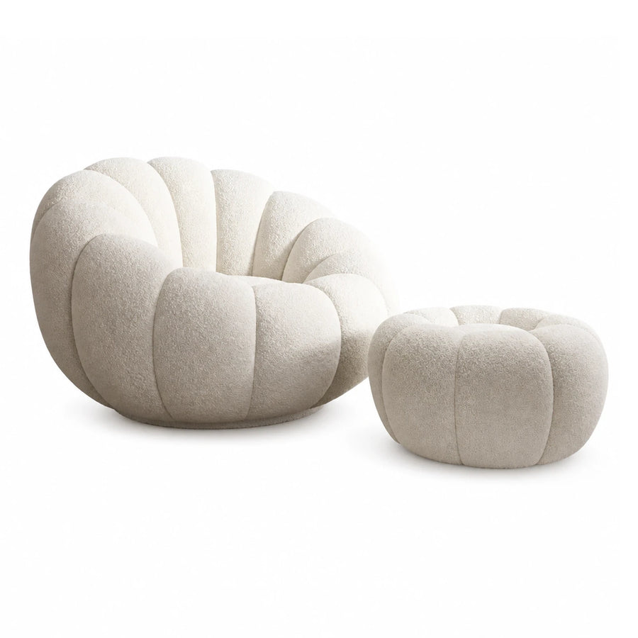 Cream Boucle Pumpkin Lounge Chair and Ottoman Set