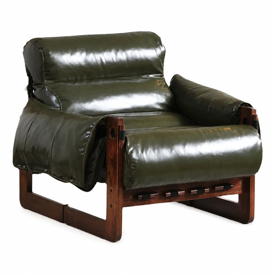Green Leather Lounge Chair with Wooden Frame