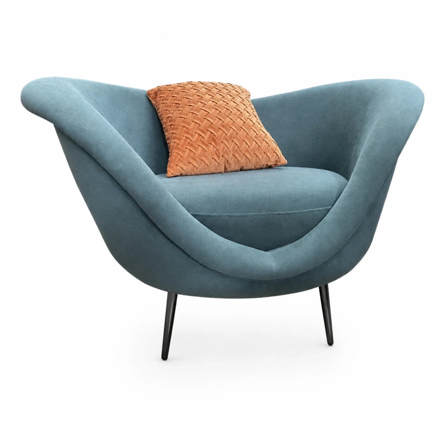 Blue Velvet Curved Armchair with Black Legs