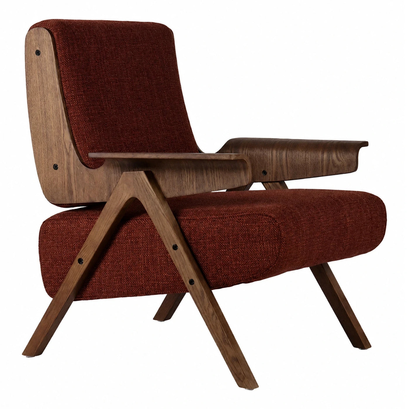 Mid-Century Modern Walnut Wood Lounge Chair with Rust Fabric