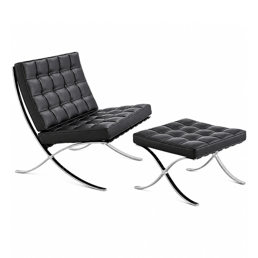 Black Leather Lounge Chair and Ottoman Set