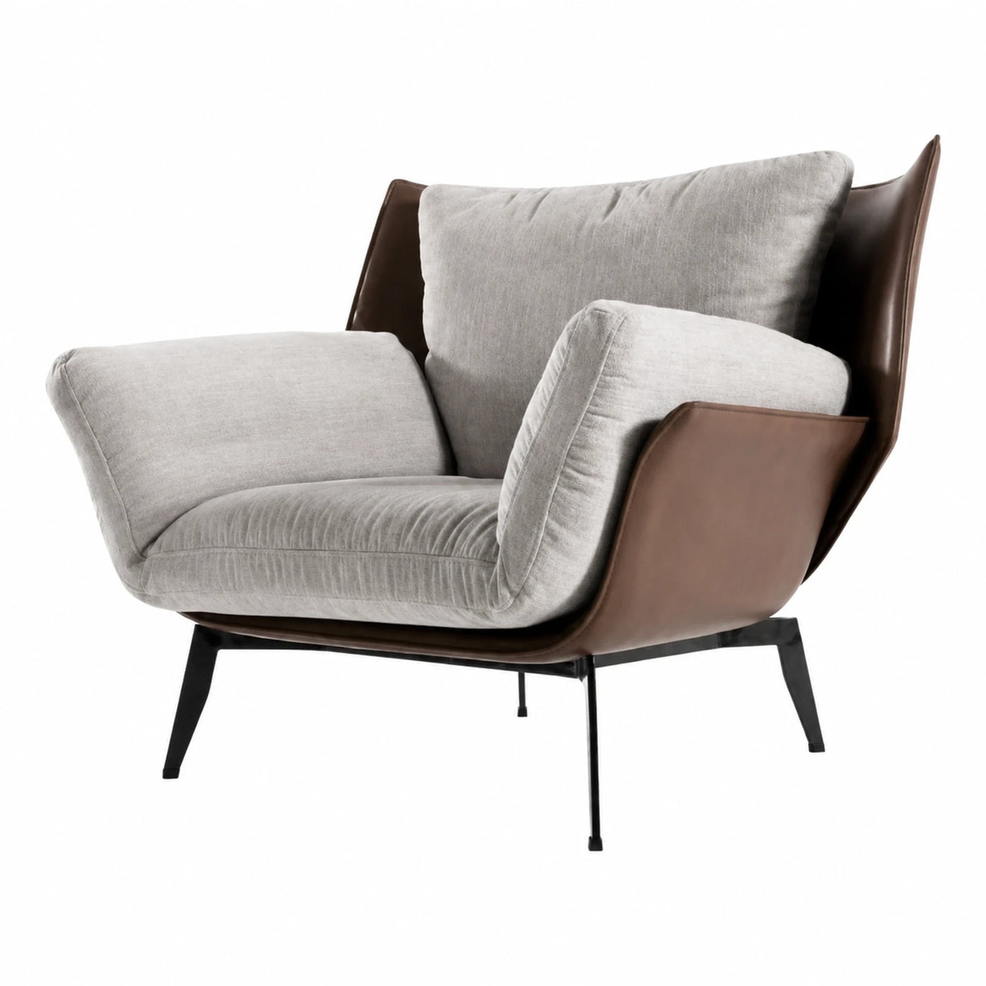 Modern Grey Fabric and Brown Leather Armchair