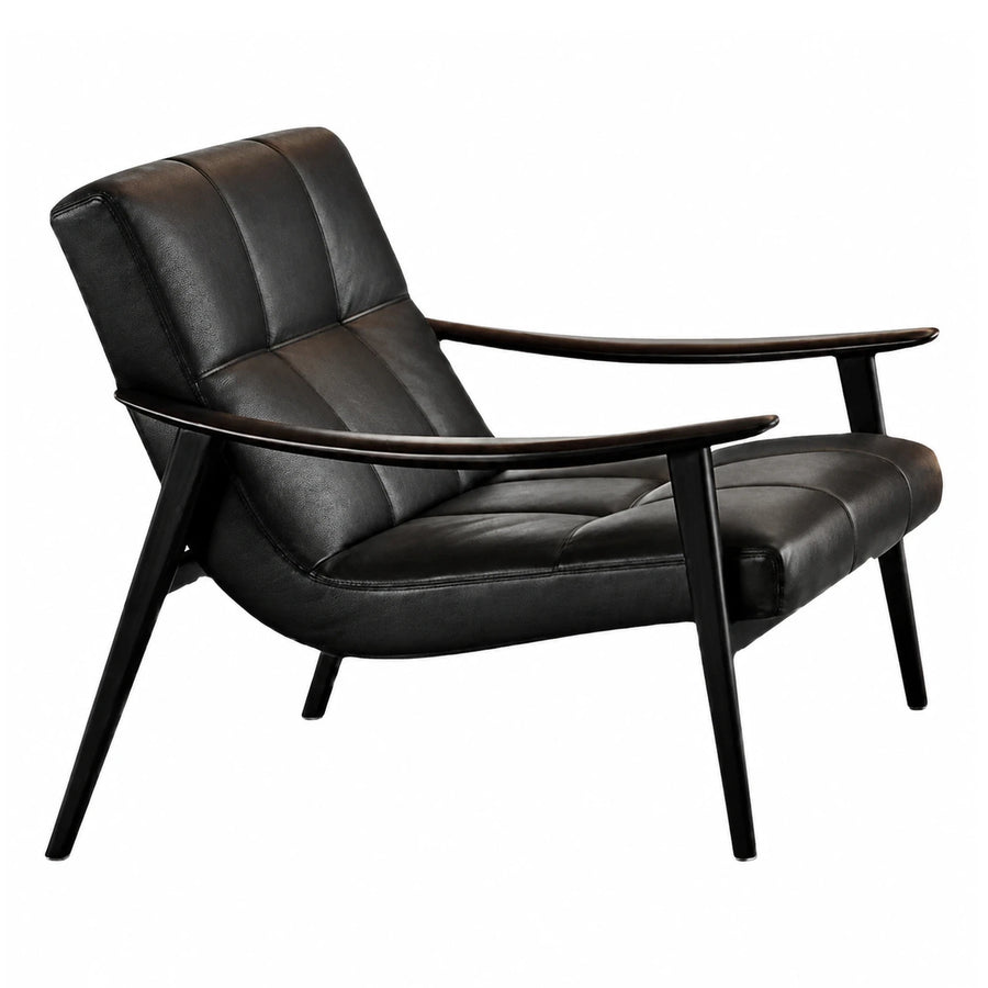 Black Leather Lounge Chair with Wooden Arms