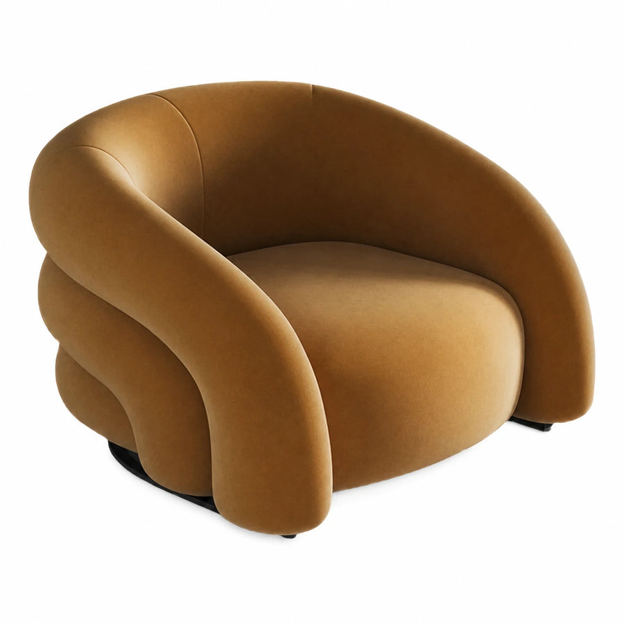 Curved Brown Velvet Swivel Lounge Chair