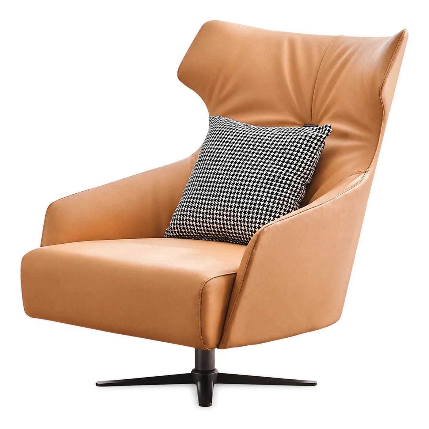 Tan Leather Swivel Armchair with Houndstooth Pillow