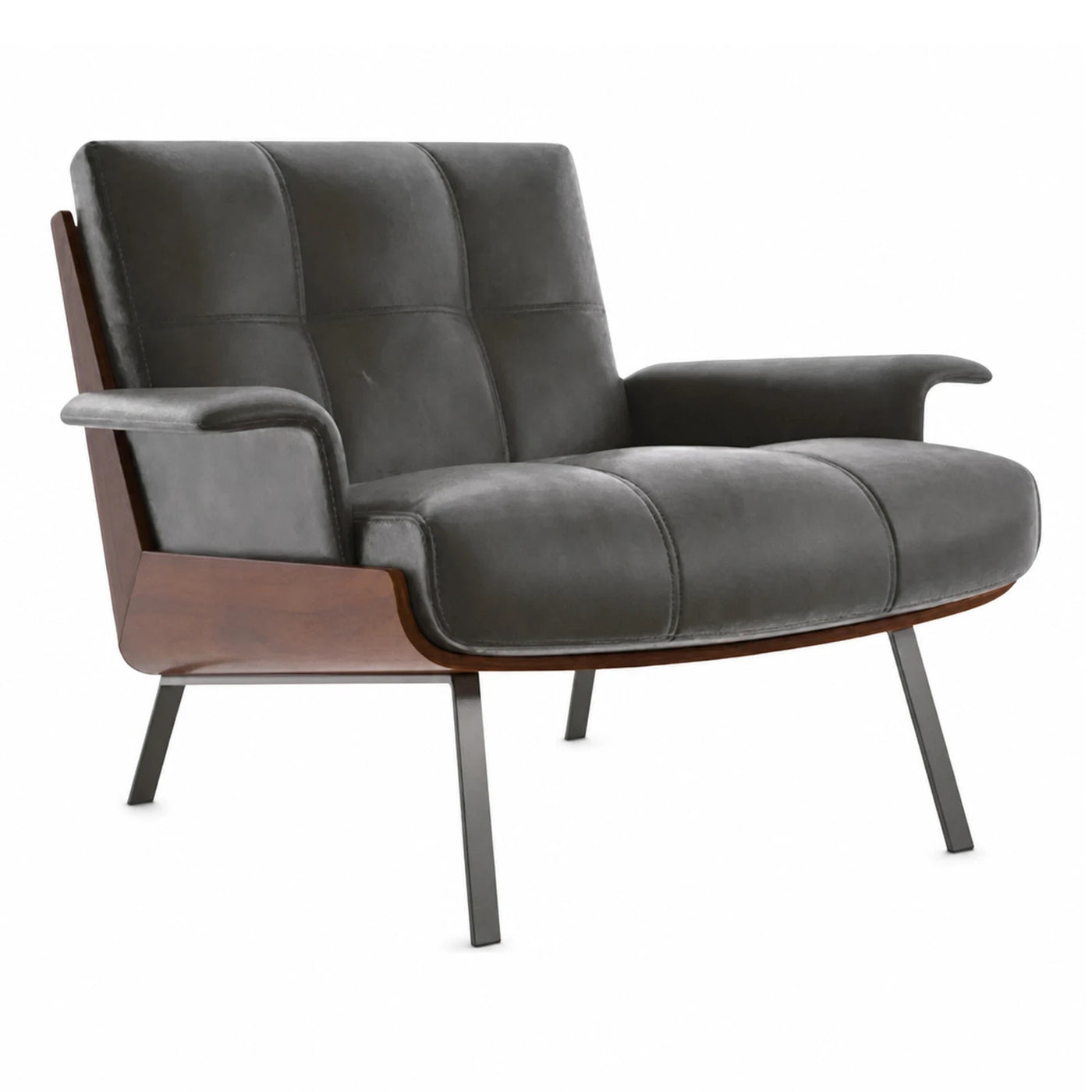 Grey Leather Armchair with Walnut Wood Frame
