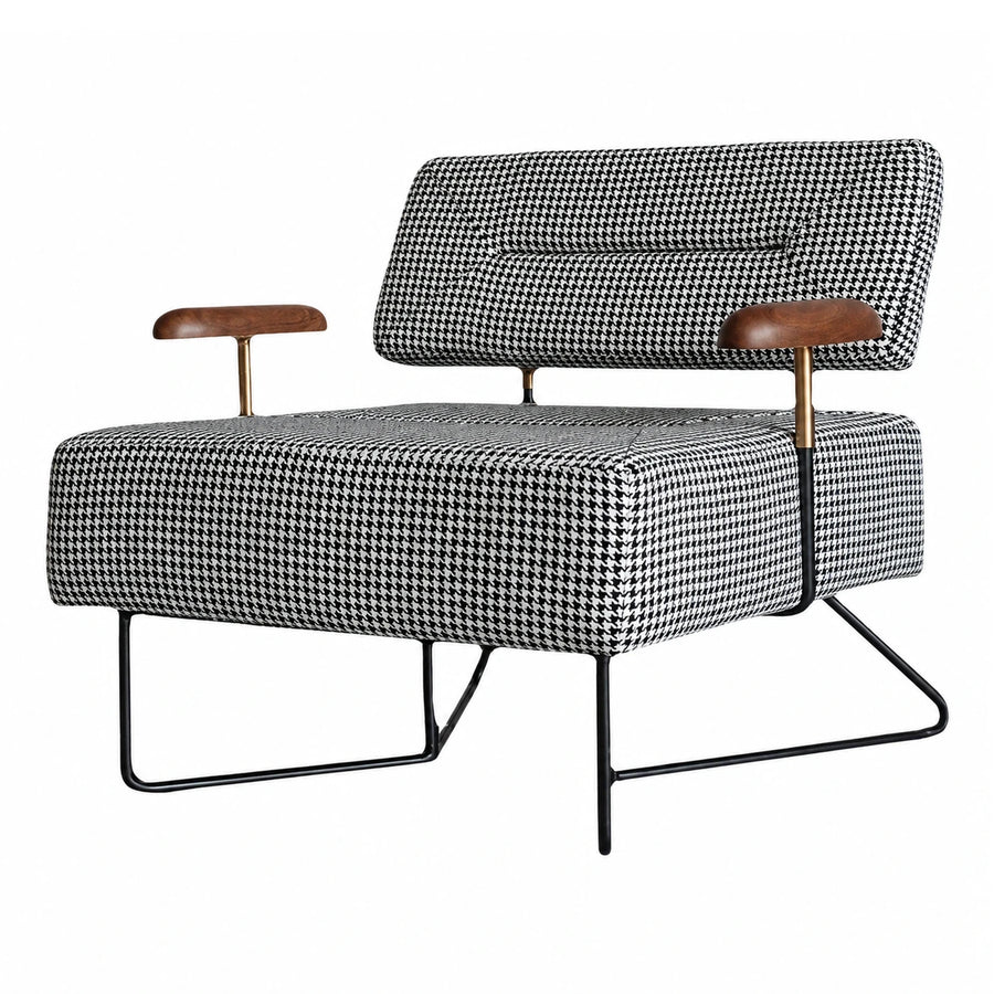 Houndstooth Upholstered Lounge Chair with Wood Armrests