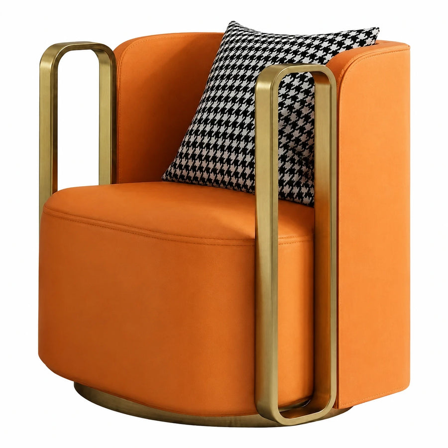 Orange Leather Armchair with Gold Metal Frame