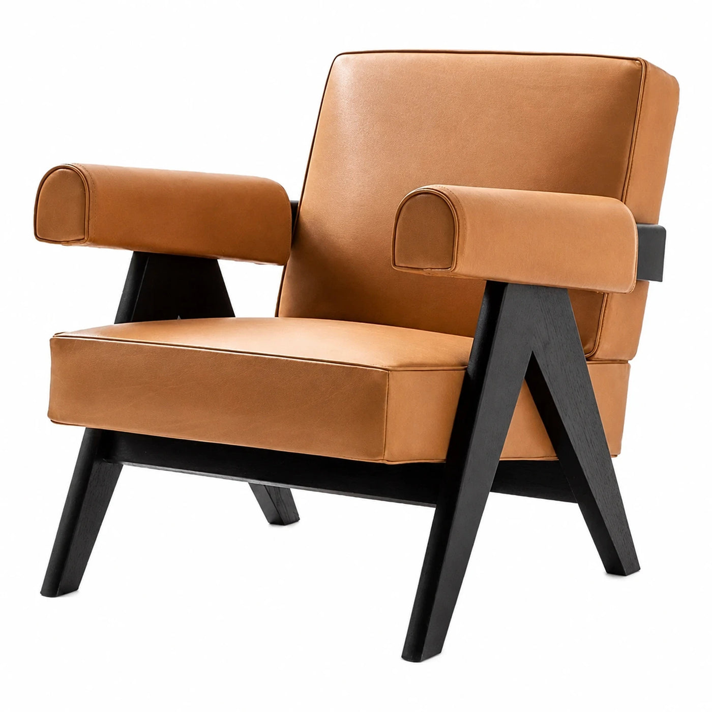 Tan Leather Armchair with Black Wood Frame