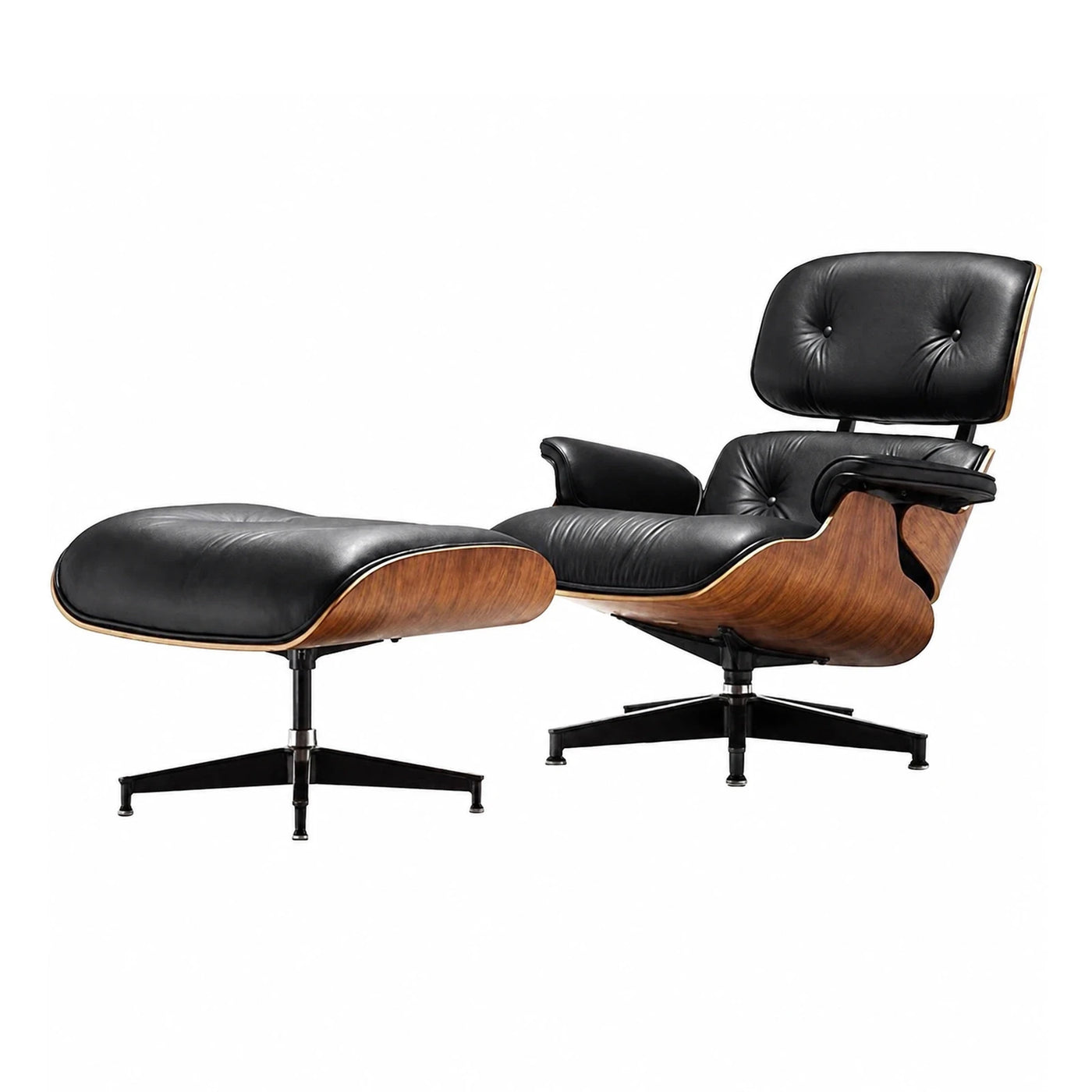 Black Leather Lounge Chair and Ottoman with Wood Shell