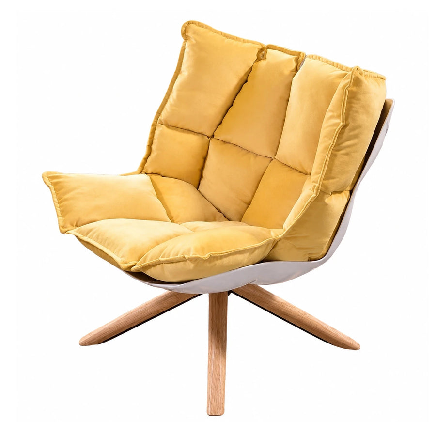 Yellow Velvet Lounge Chair with Wooden Base