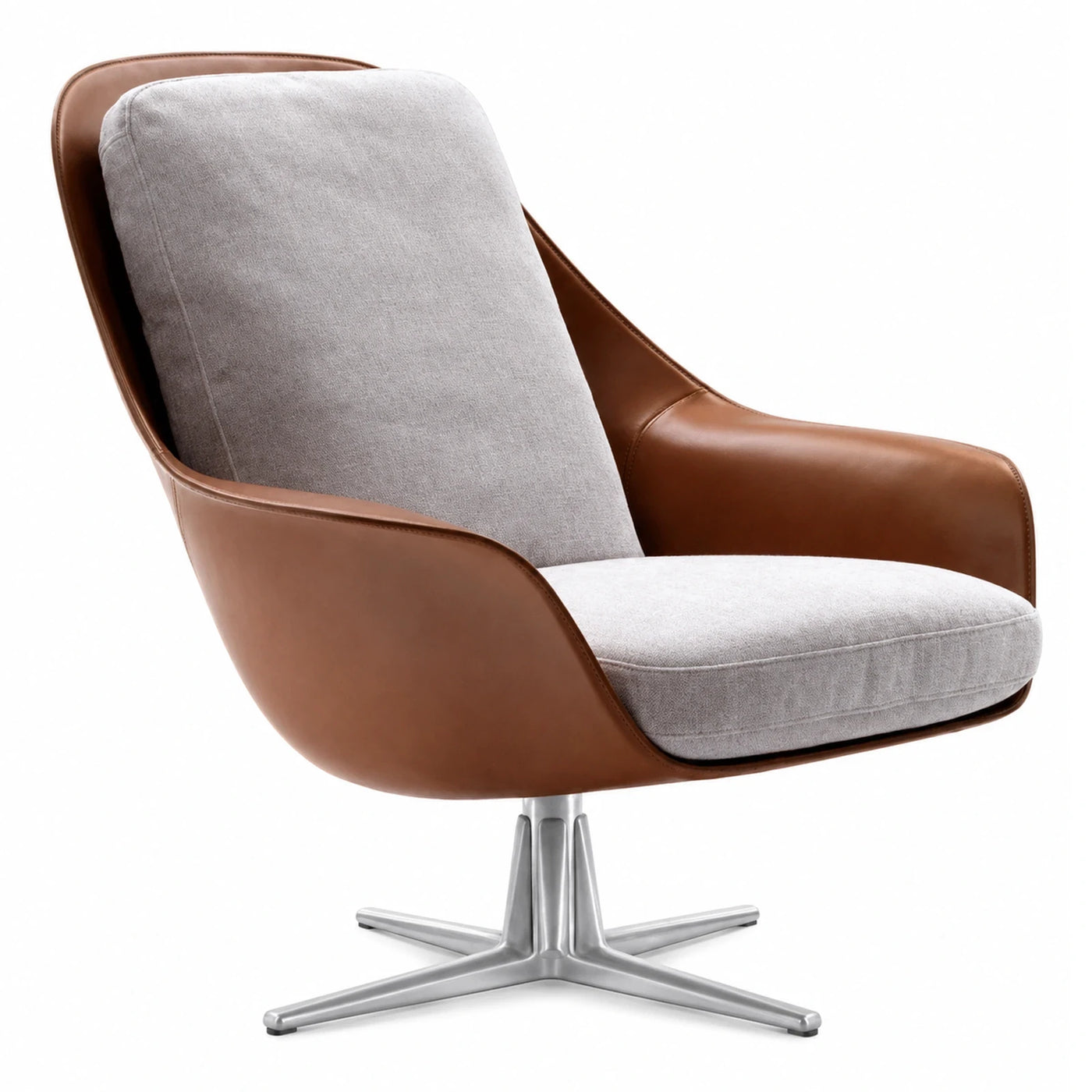 Brown Leather and Grey Fabric Swivel Lounge Chair