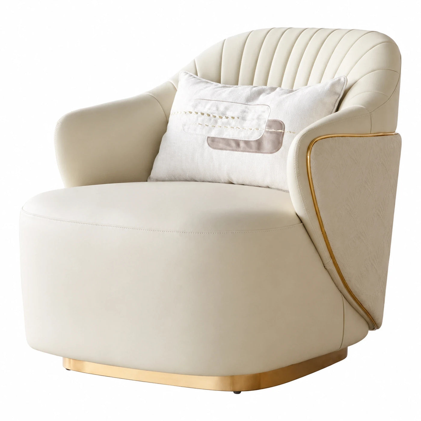 Cream Leather Swivel Armchair with Gold Base