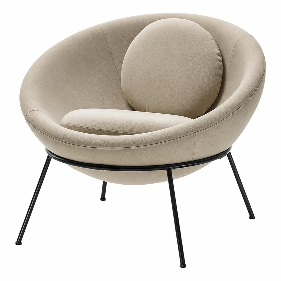 Beige Boucle Round Lounge Chair with Black Metal Legs