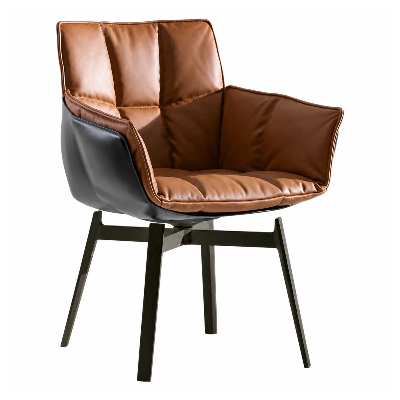 Modern Brown Leather Swivel Armchair with Black Base