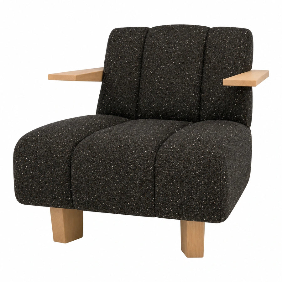 Black Speckled Fabric Armchair with Wooden Arms