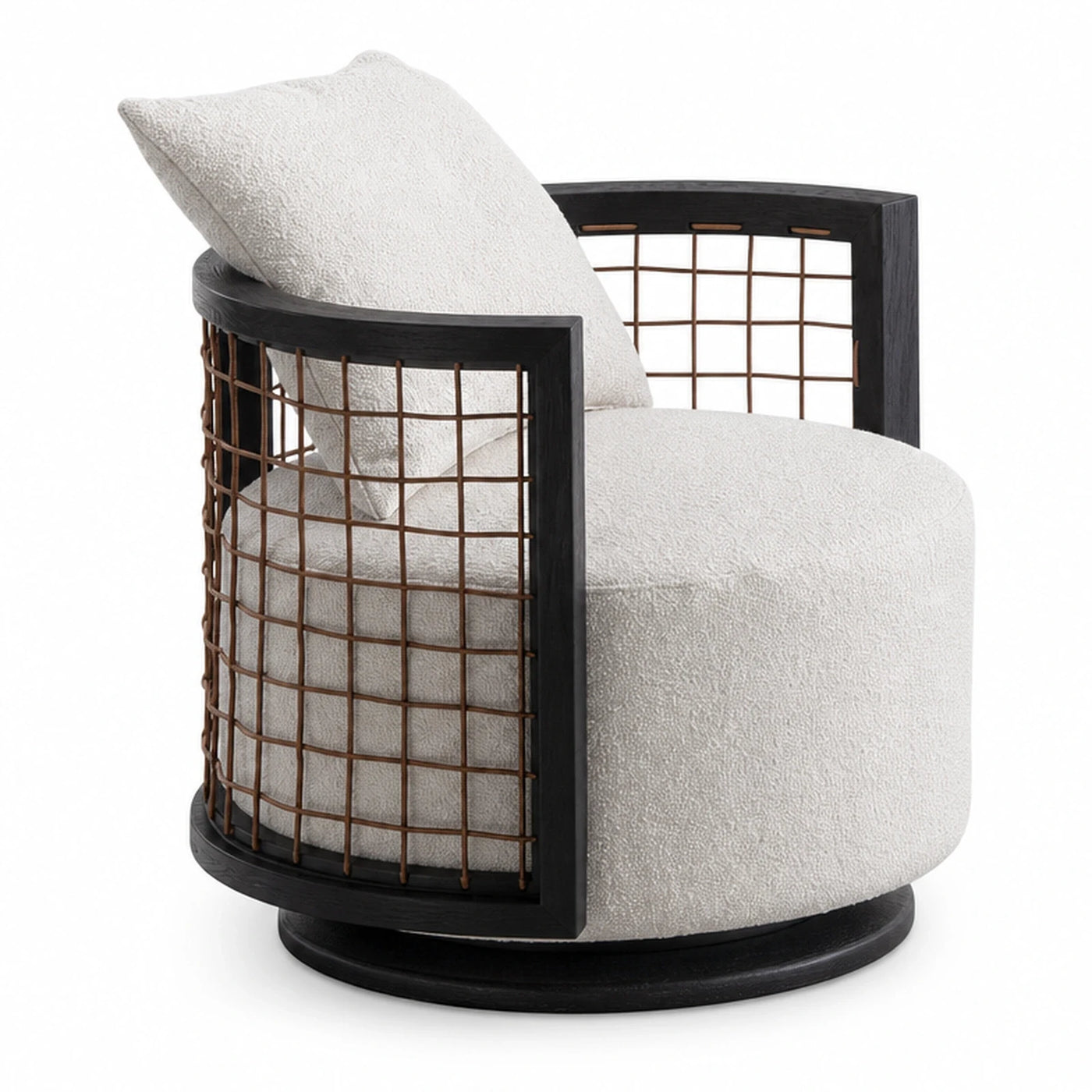 Black Wood Frame Swivel Lounge Chair with Cream Boucle Cushion