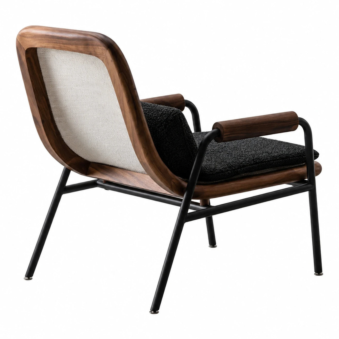 Modern Walnut Wood Frame Lounge Chair with Black Boucle Cushion