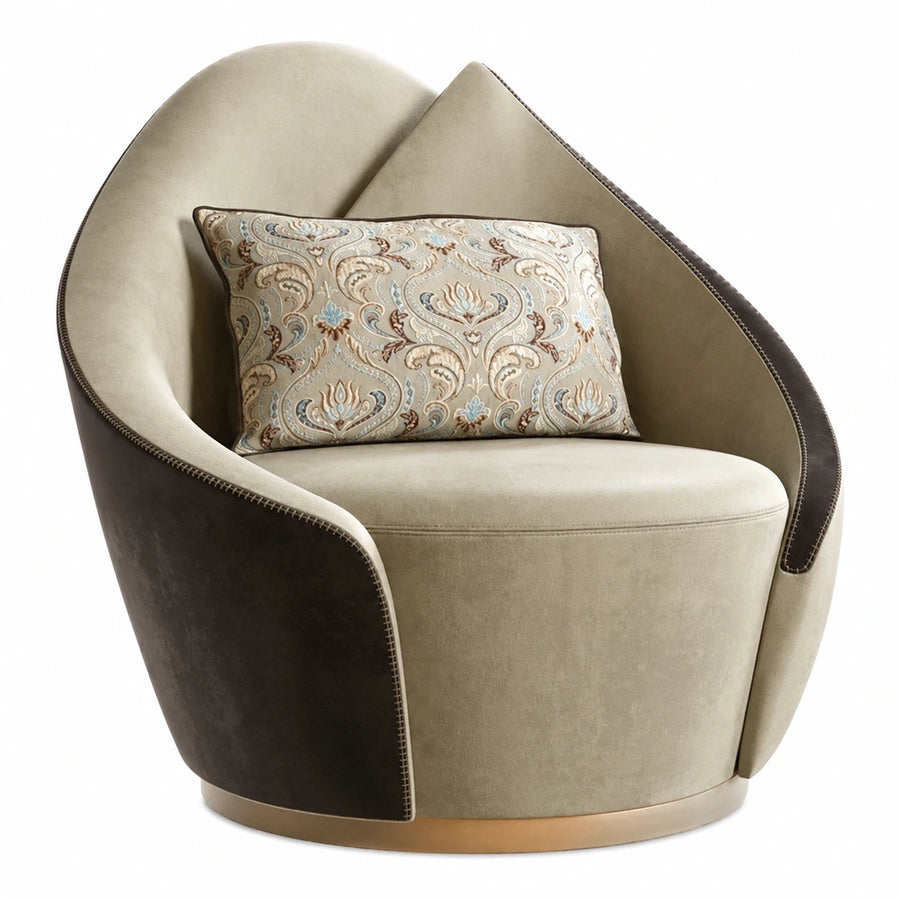 Two-Tone Velvet Swivel Armchair with Decorative Pillow