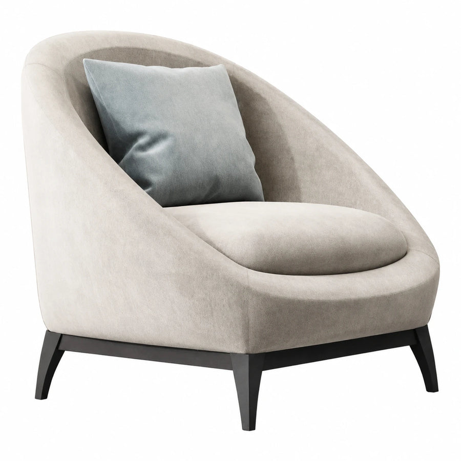 Beige Fabric Curved Armchair with Dark Wood Legs