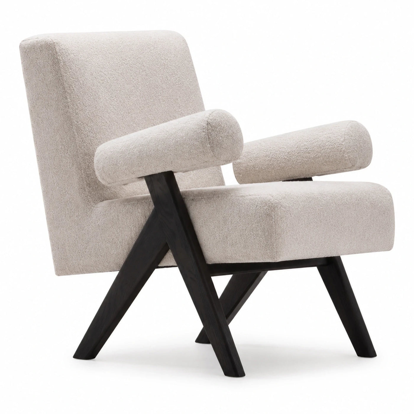Cream Boucle Lounge Chair with Black Wood Legs