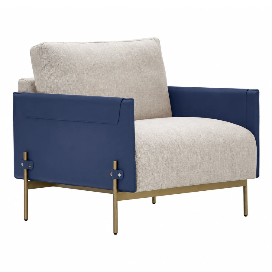 Blue Leather and Beige Fabric Armchair with Gold Metal Legs