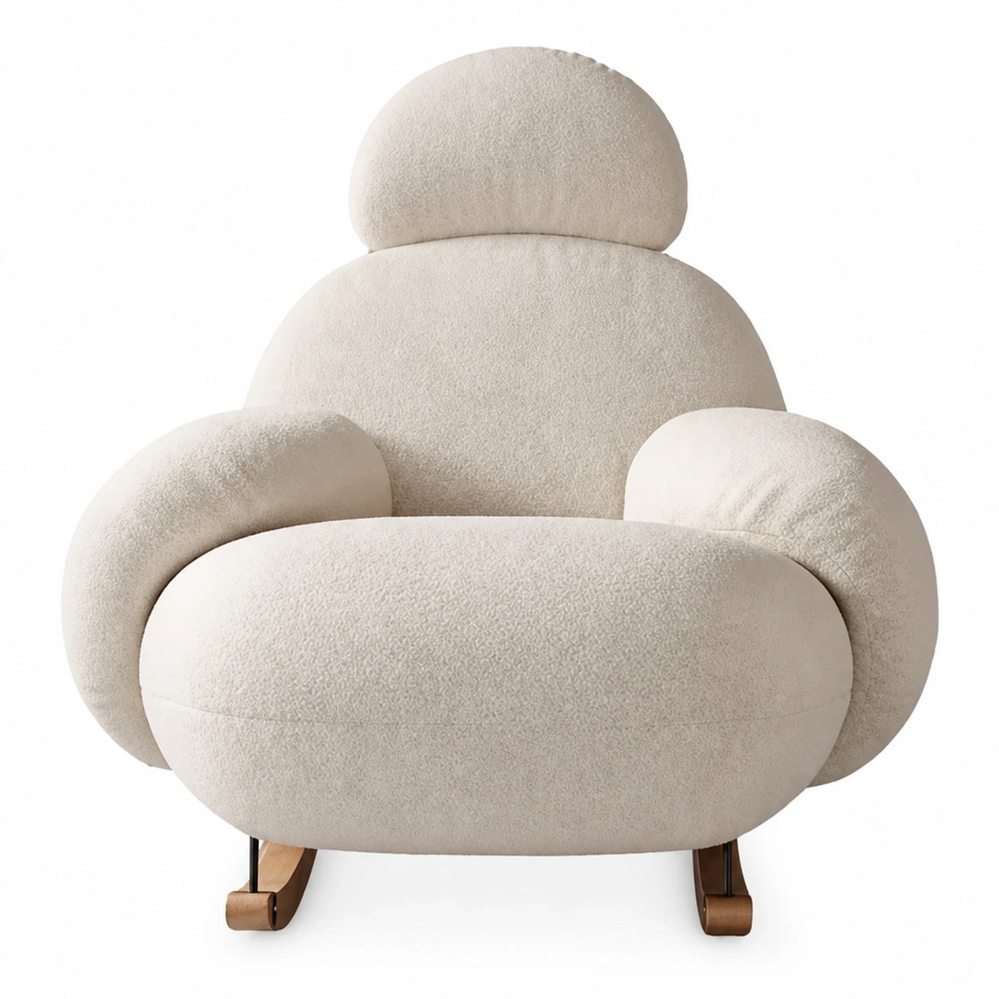 Cream Boucle Rocking Lounge Chair with Wooden Base