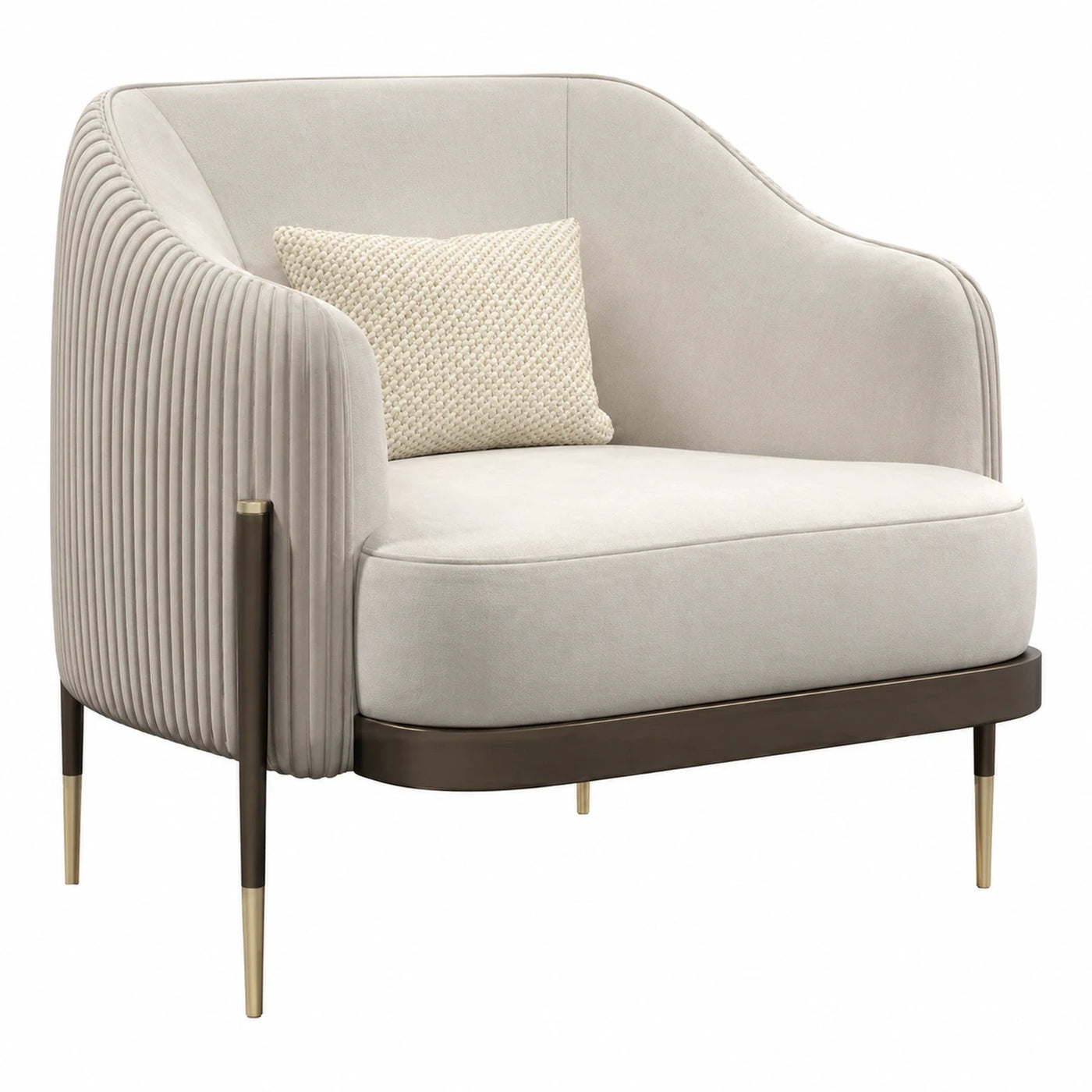 Beige Velvet Lounge Chair with Pleated Back and Metal Legs