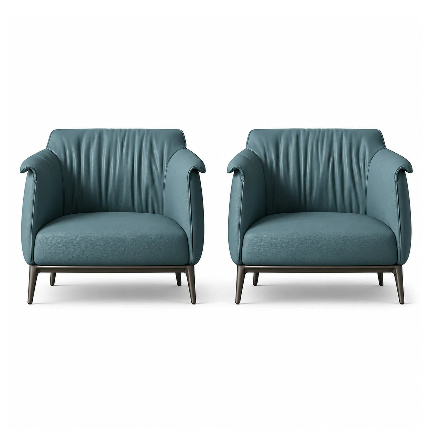 Blue Leather Armchair Set with Dark Wood Legs