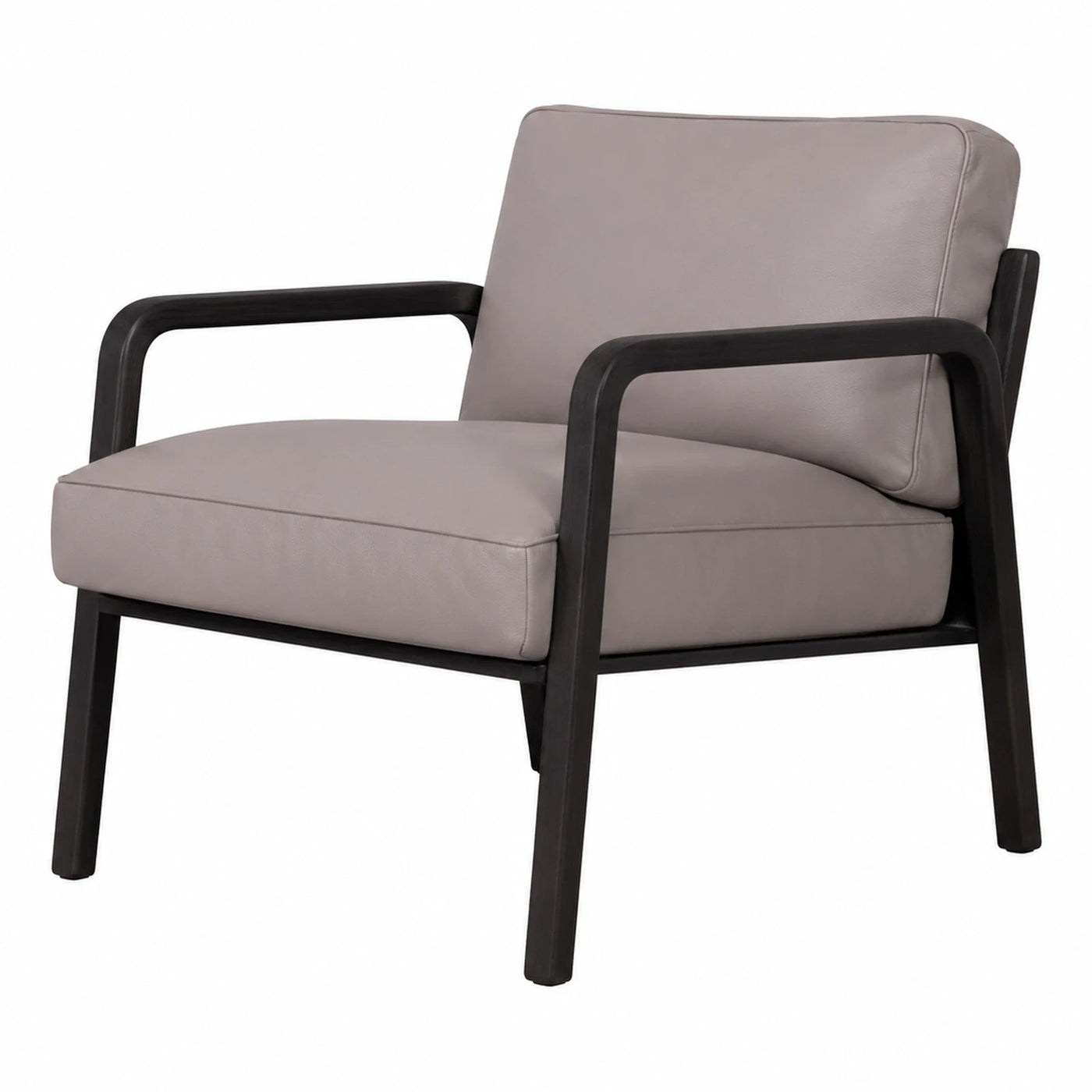 Grey Leather Armchair with Dark Wood Frame