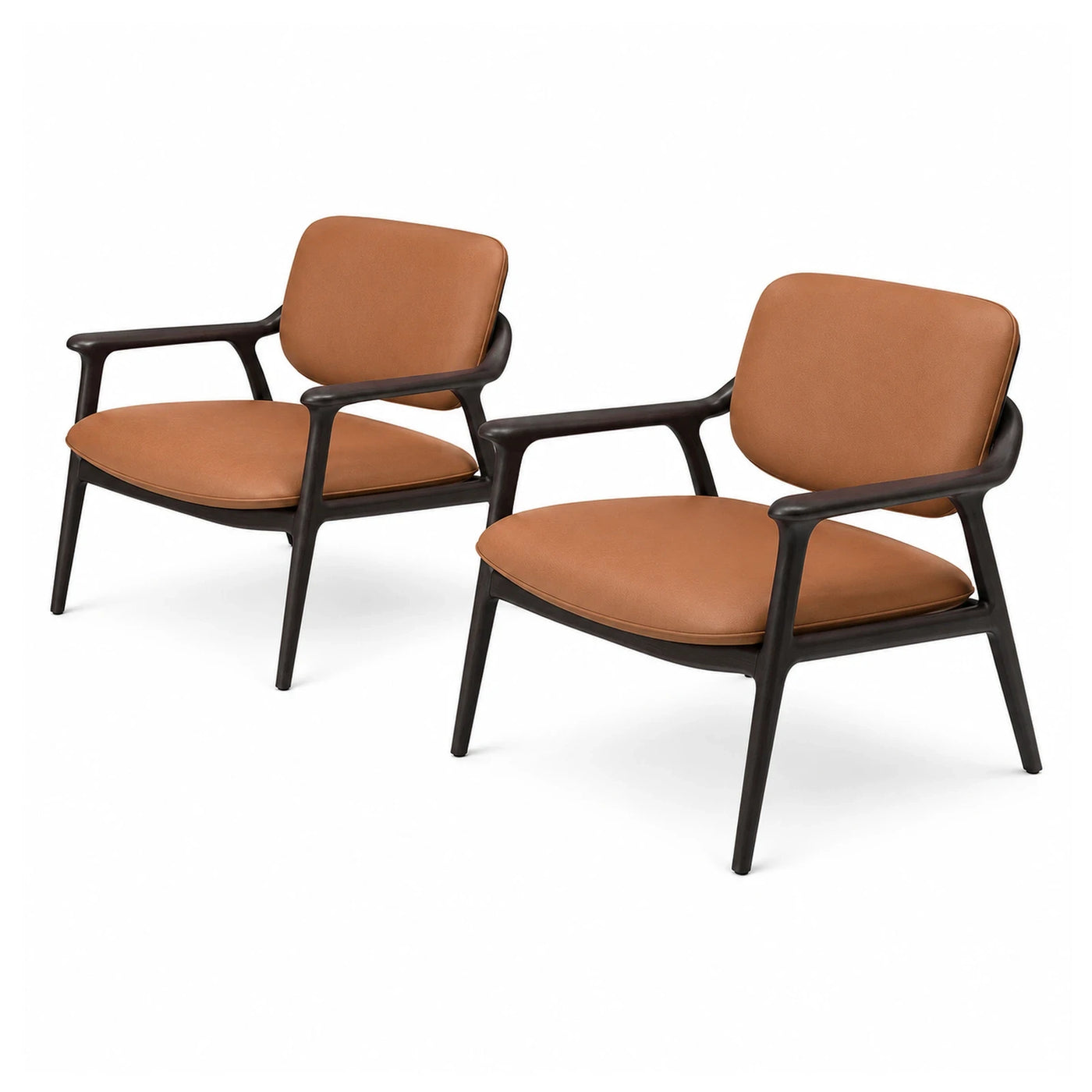 Set of Two Brown Leather Armchairs with Dark Wood Frame