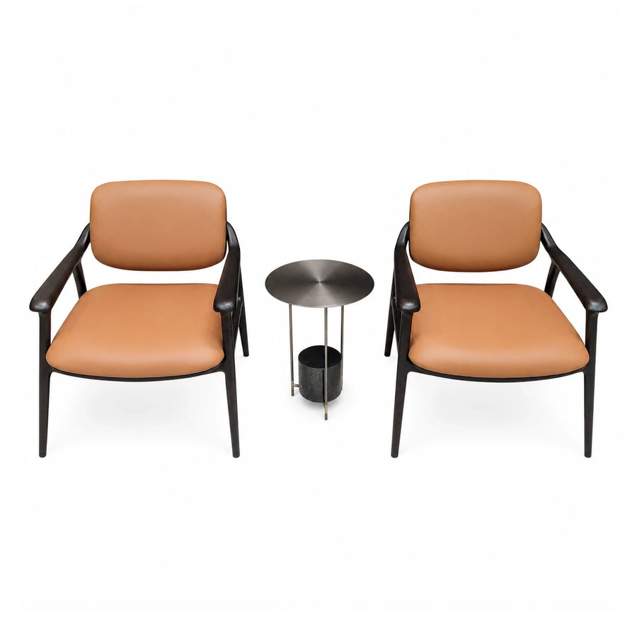 Tan Leather Armchair Set with Side Table