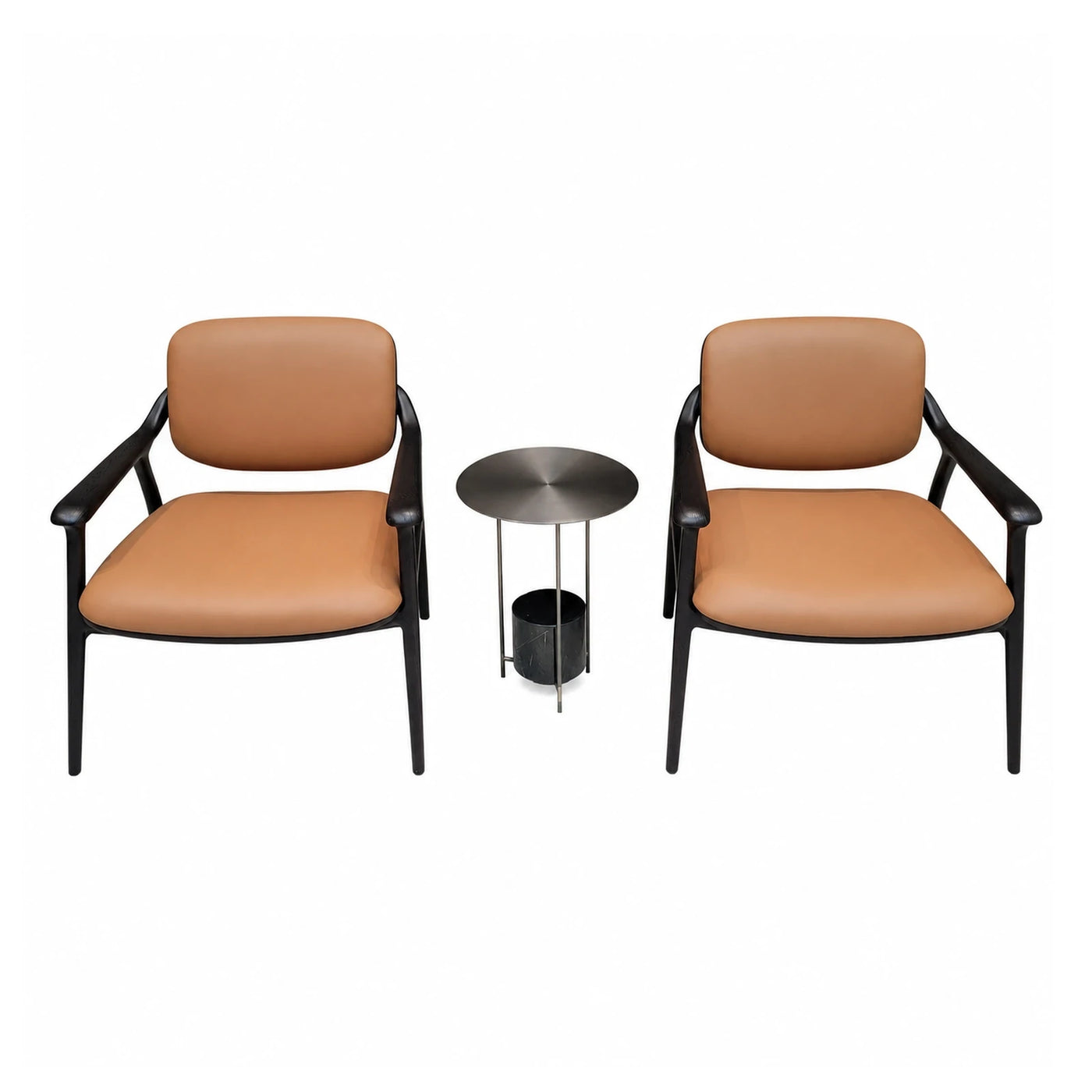 Modern Tan Leather Armchairs with Side Table