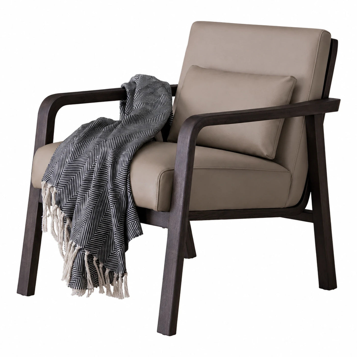 Modern Beige Leather Armchair with Dark Wood Frame