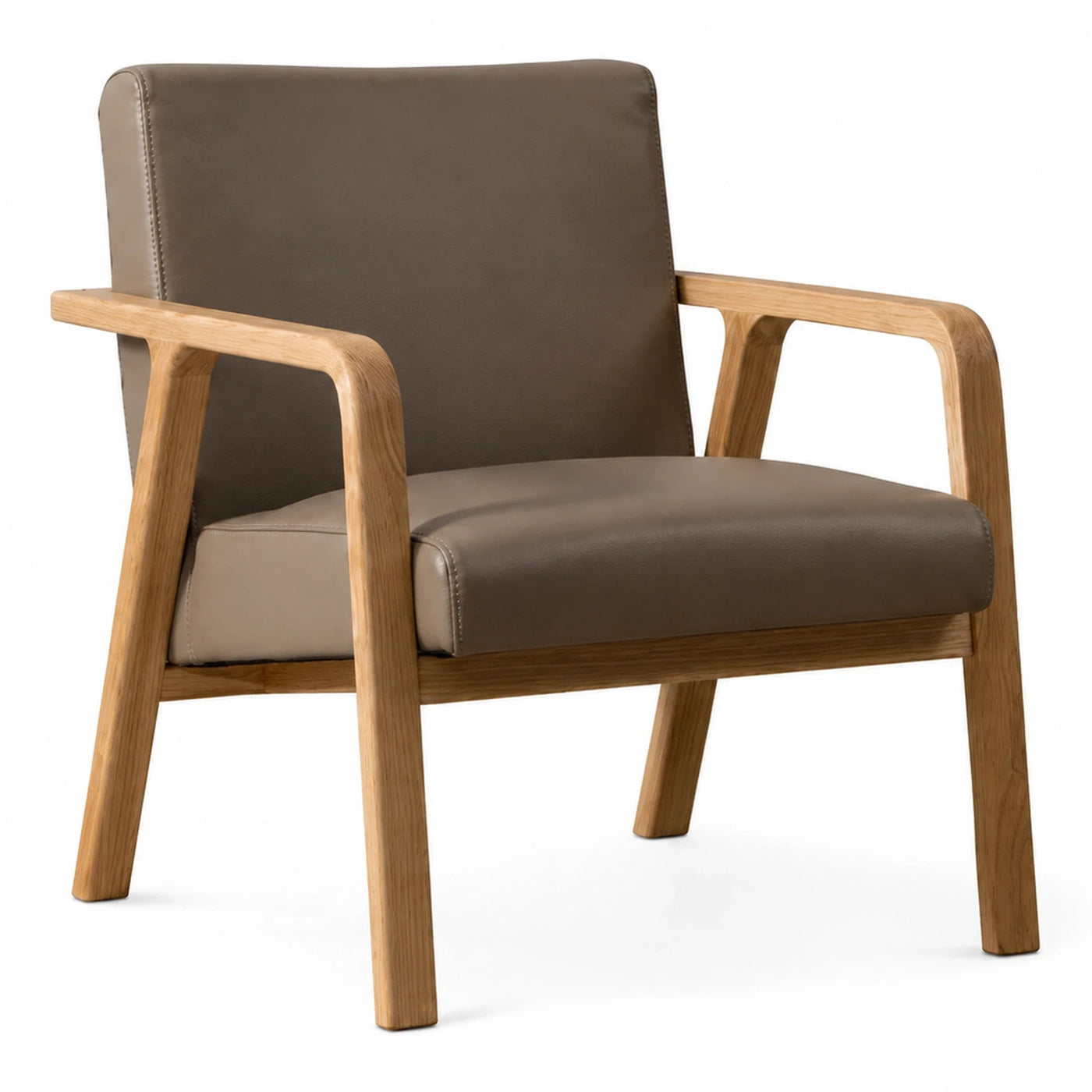 Modern Oak Wood Frame Armchair with Brown Leather Upholstery