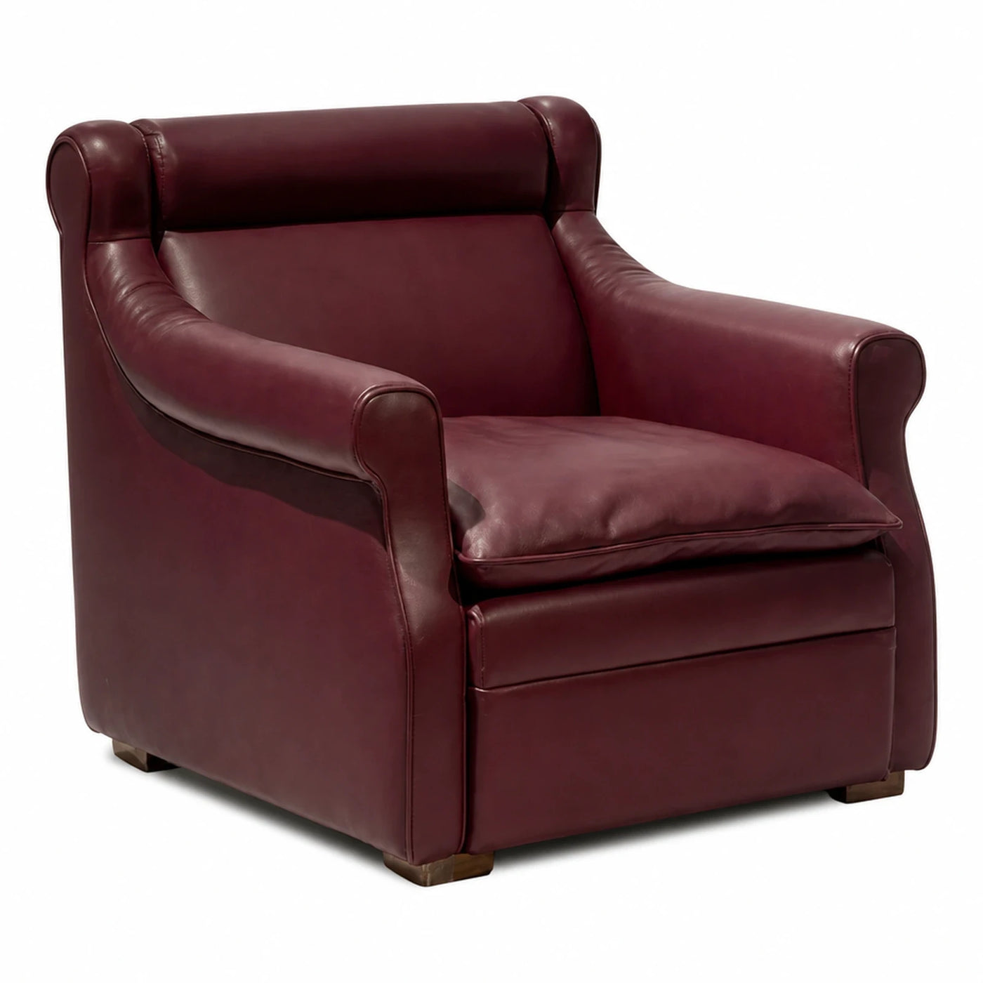 Brown Wide Plank Burgundy Leather Armchair with Rolled Arms