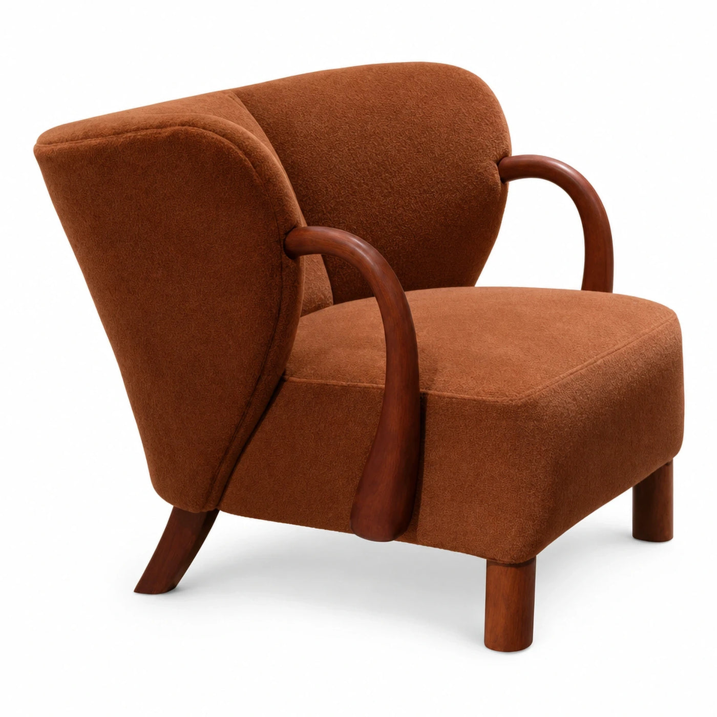 Brown Boucle Armchair with Curved Wooden Arms