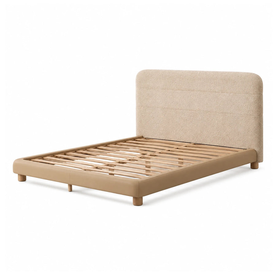 Beige Upholstered Bed Frame with Wooden Slats