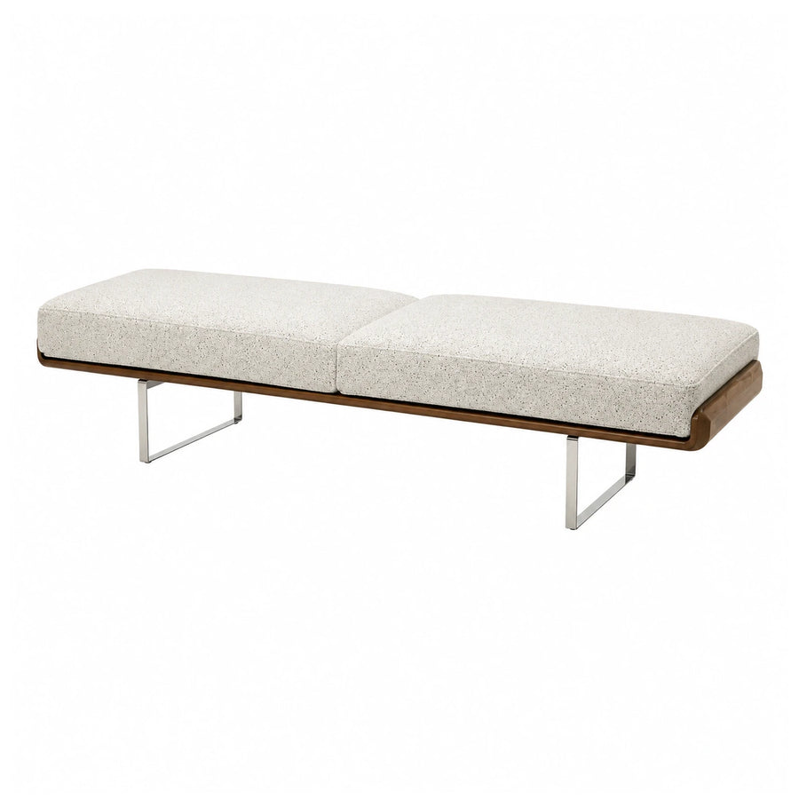 Modern White Boucle Bench with Wood Base and Metal Legs