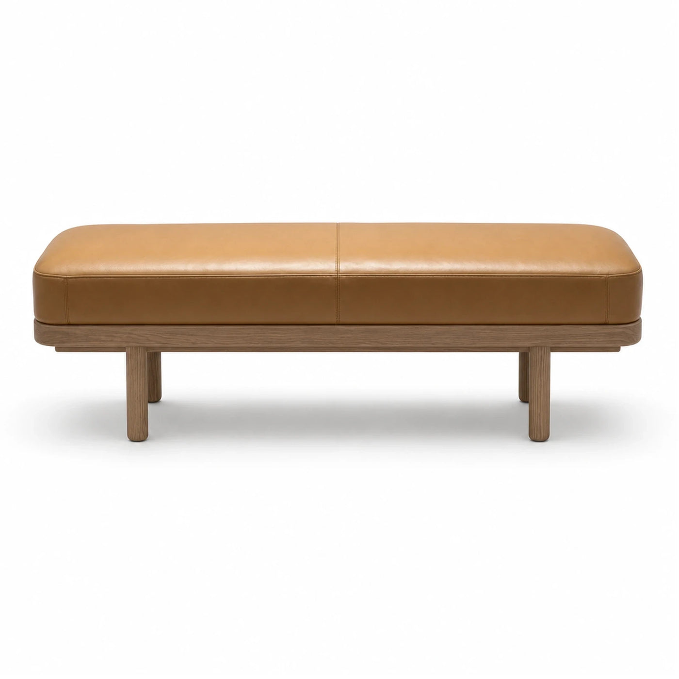 Tan Leather Upholstered Bench with Wood Base