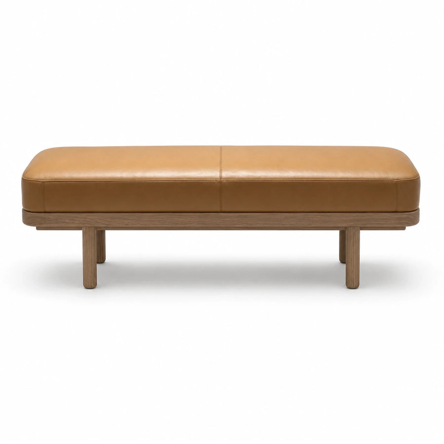 Tan Leather Upholstered Bench with Wood Base