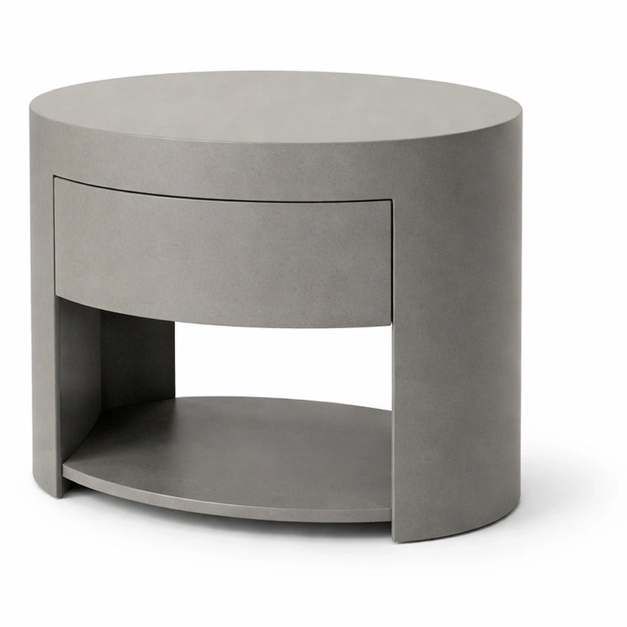Grey Round Nightstand with Drawer and Open Shelf