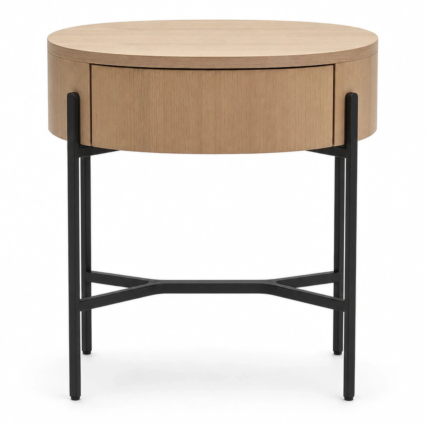 Round Wood Side Table with Drawer and Black Metal Base