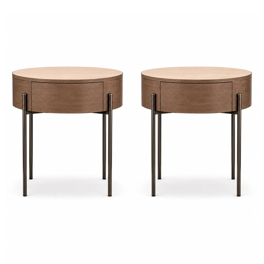 Round Wood Nightstand with Metal Legs