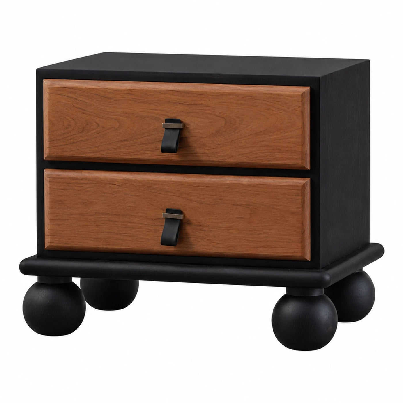 Black Wood Two Drawer Nightstand with Leather Pulls