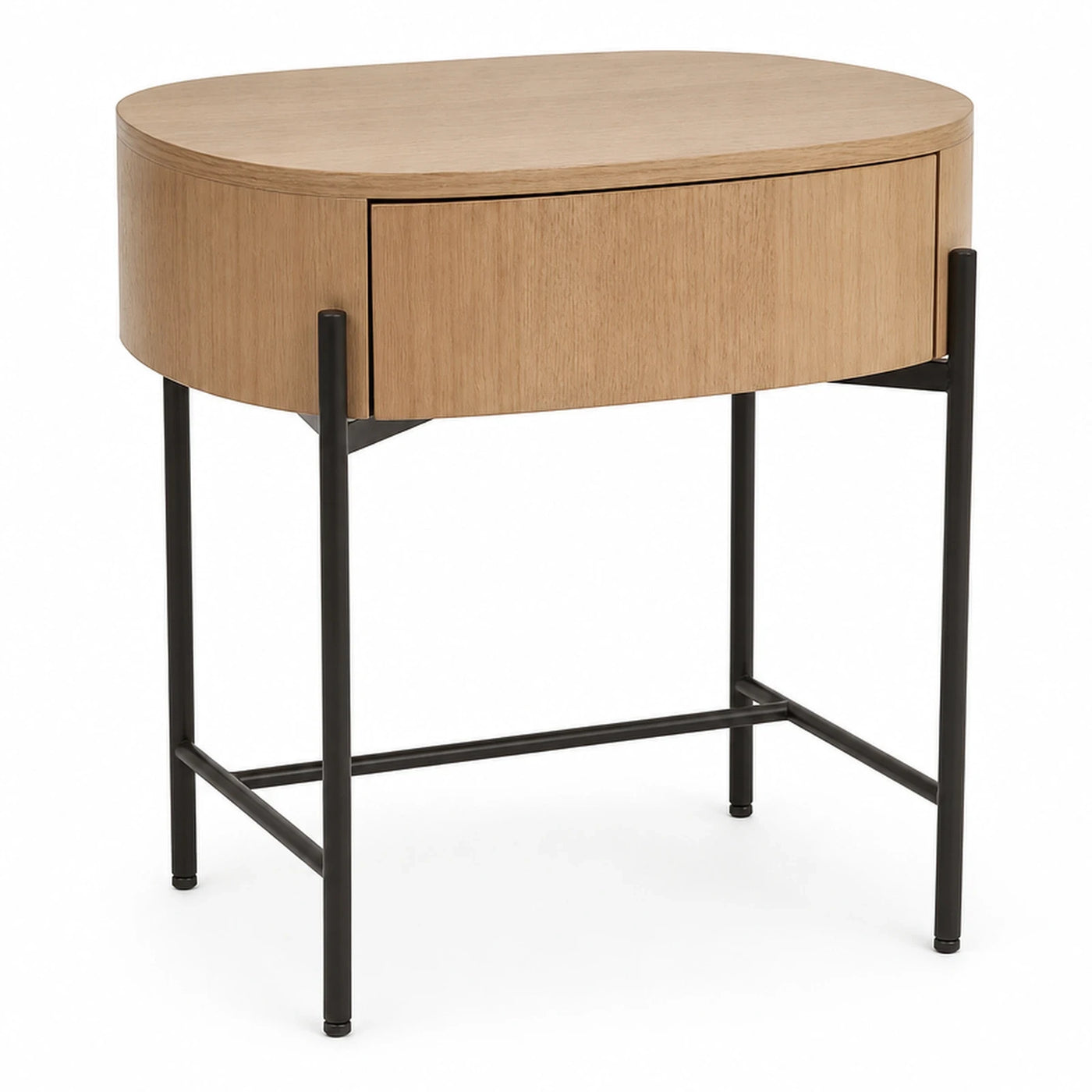 Oval Wood Console Table with Drawer and Black Metal Legs