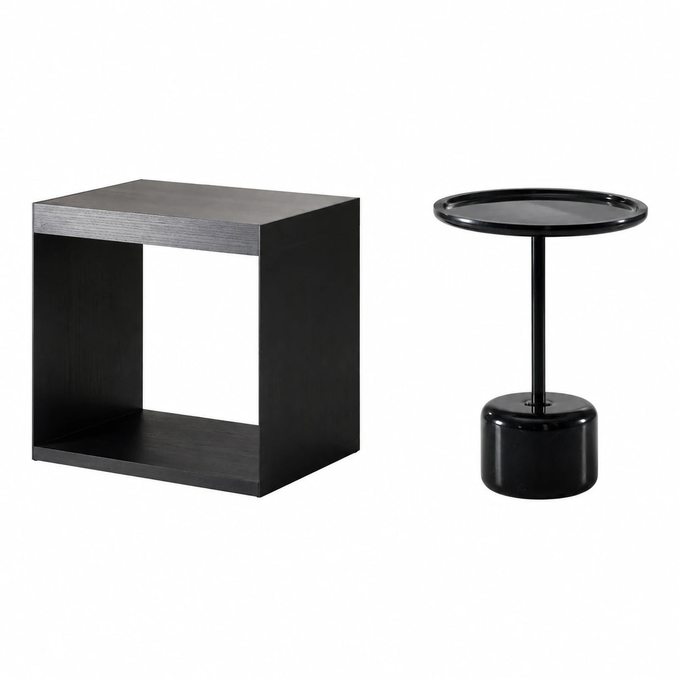 Black Wood Side Table and Round Metal Tray Table Set