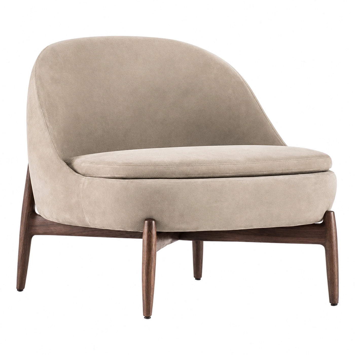 Beige Velvet Lounge Chair with Wooden Legs