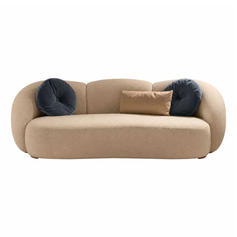 Beige Boucle Curved Sofa with Round Pillows